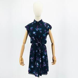Rebecca Taylor SILK Navy Purple Floral Flutter Sleeve Tie Front Dress